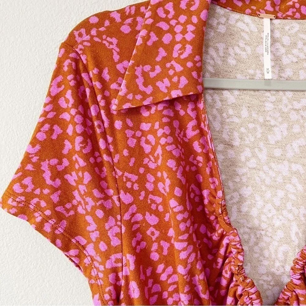 Free People Size Medium Pink Marsaille Mini Dress Leopard Print Wrap Front Tie